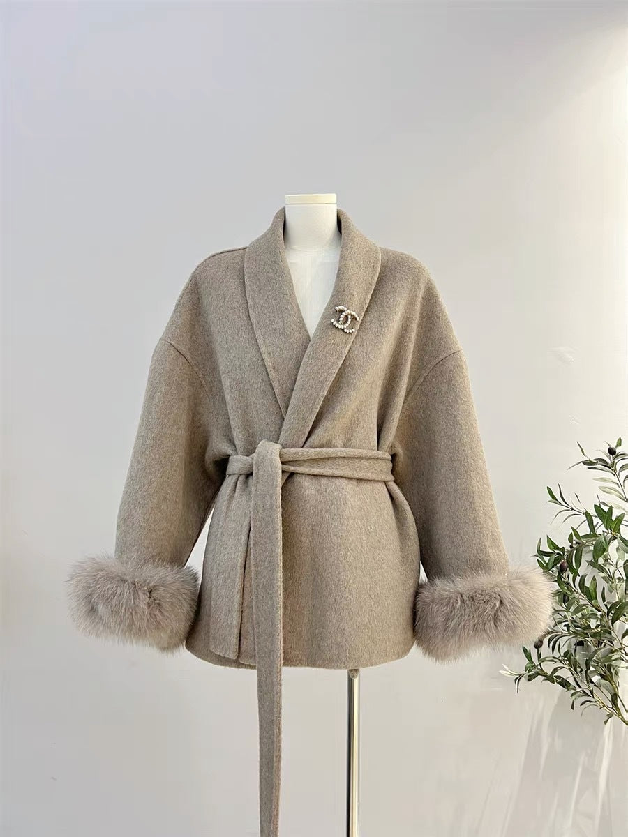 Women's Double-sided Wool Coat with Fox Fur